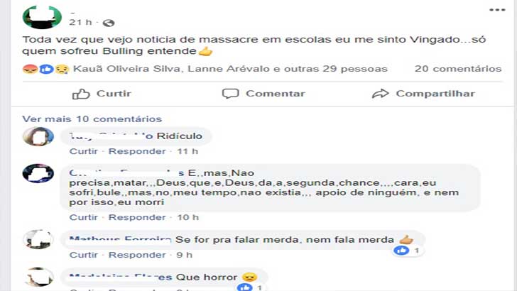 Em página do Facebook ex aluno da escola Pinto Pereira em Jardim disse que sentiu vingado após massacre em Suzano